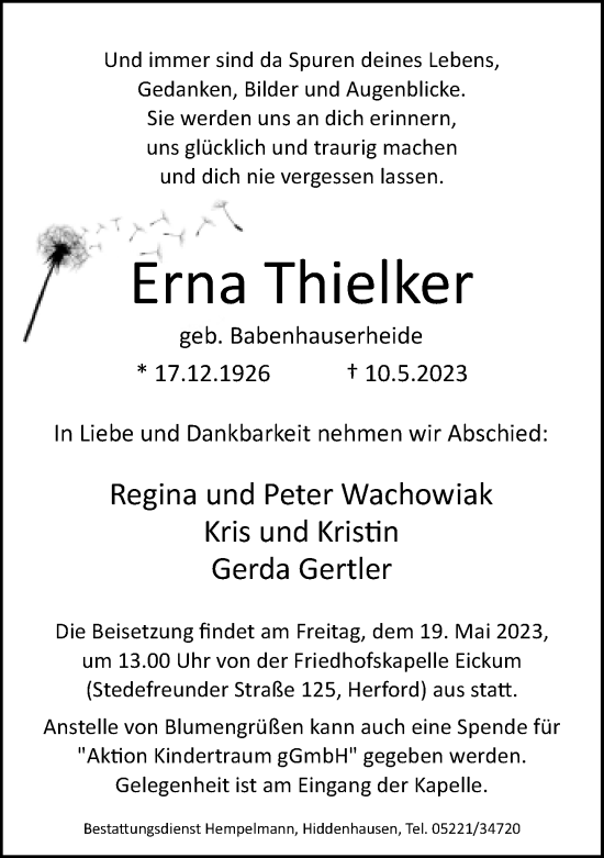 Traueranzeige von Erna Thielker von Neue Westfälische
