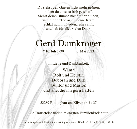 Traueranzeige von Gerd Damkröger von Neue Westfälische