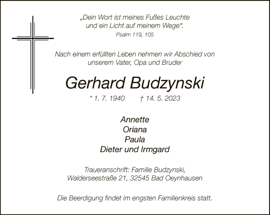 Traueranzeige von Gerhard Budzynski von Neue Westfälische