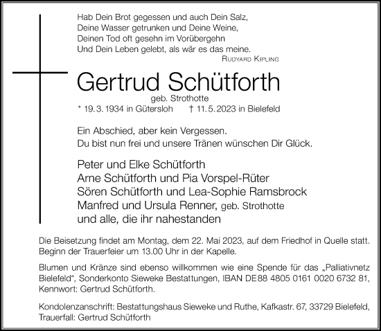 Traueranzeige von Gertrud Schütforth von Neue Westfälische