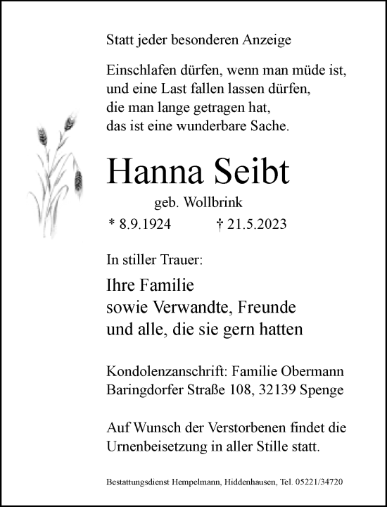 Traueranzeige von Hanna Seibt von Neue Westfälische