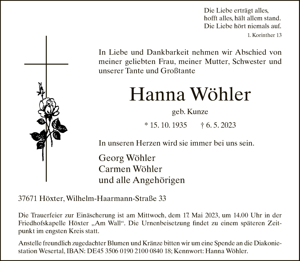  Traueranzeige für Hanna Wöhler vom 10.05.2023 aus Neue Westfälische