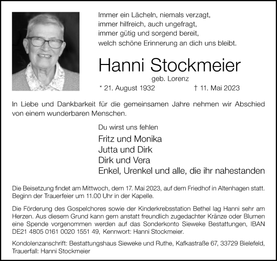 Traueranzeige von Hanni Stockmeier von Neue Westfälische