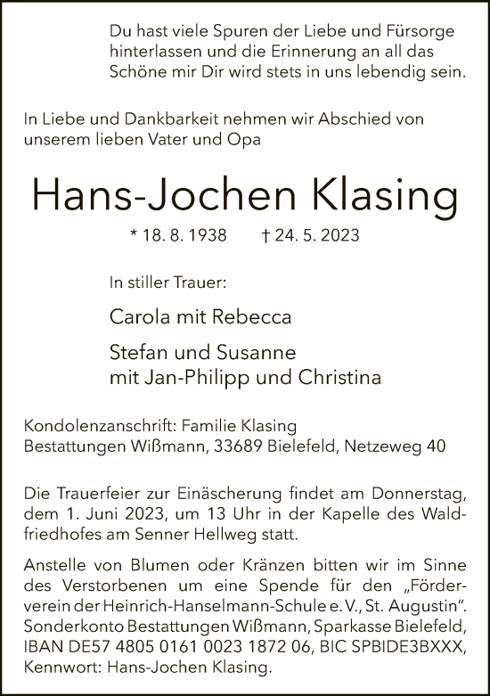 Traueranzeige von Hans-Jochen Klasing von Neue Westfälische