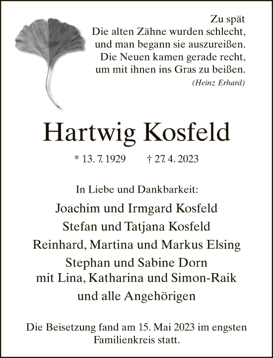 Traueranzeige von Hartwig Kosfeld von Neue Westfälische