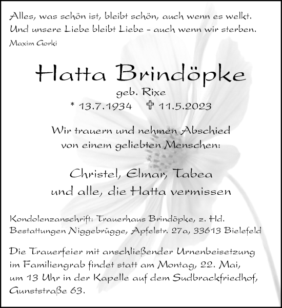 Traueranzeige von Hatta Brindöpke von Neue Westfälische