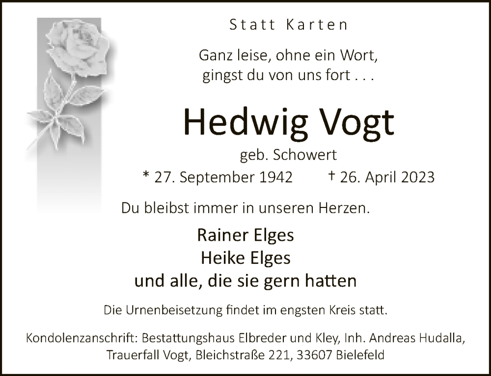  Traueranzeige für Hedwig Vogt vom 06.05.2023 aus Neue Westfälische