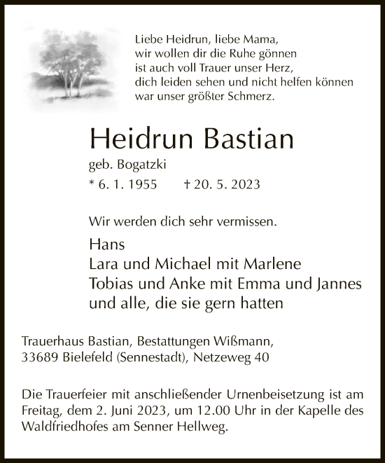 Traueranzeige von Heidrun Bastian von Neue Westfälische