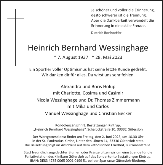 Traueranzeige von Heinrich Bernhard Wessinghage von Neue Westfälische