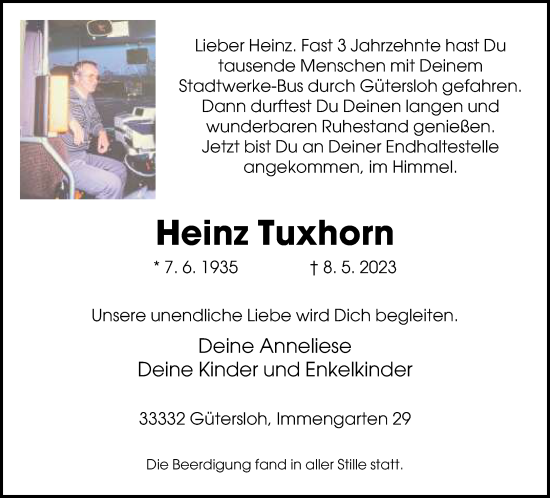 Traueranzeige von Heinz Tuxhorn von Neue Westfälische