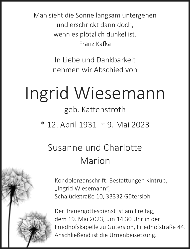 Traueranzeige für Ingrid Wiesemann vom 13.05.2023 aus Neue Westfälische