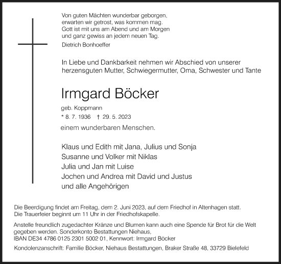 Traueranzeige von Irmgard Böcker von Neue Westfälische