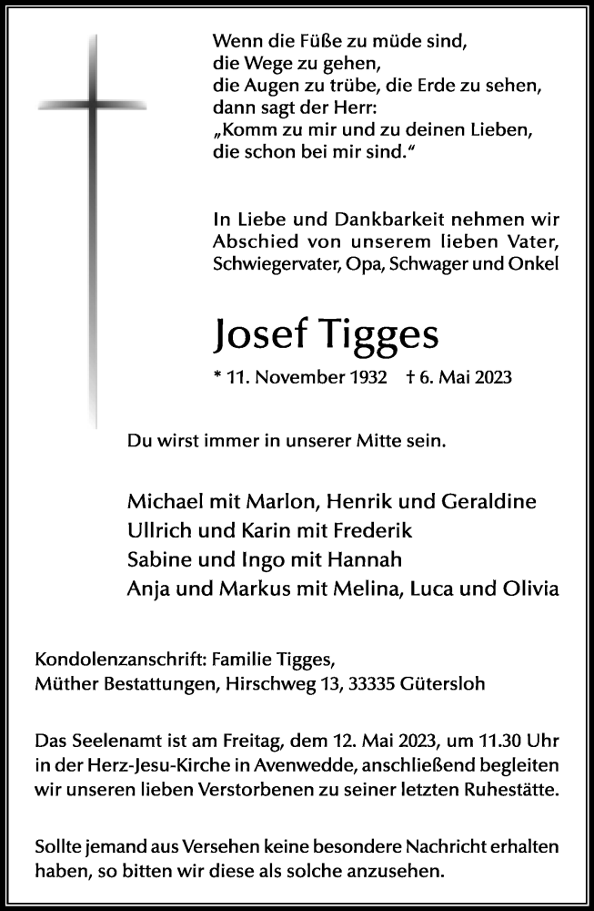  Traueranzeige für Josef Tigges vom 09.05.2023 aus Neue Westfälische