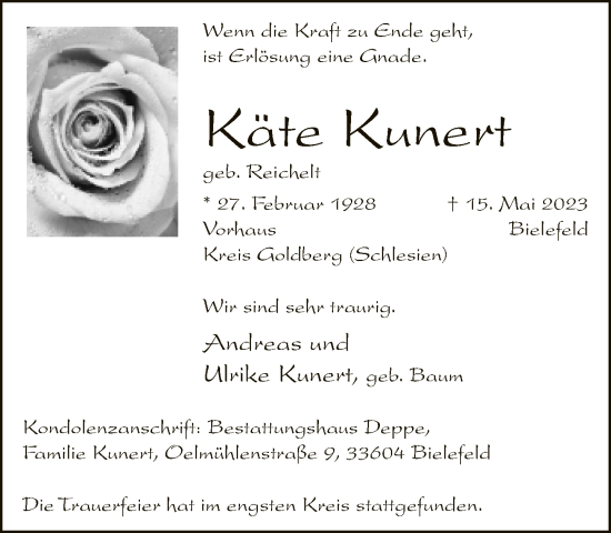 Traueranzeige von Käte Kunert von Neue Westfälische