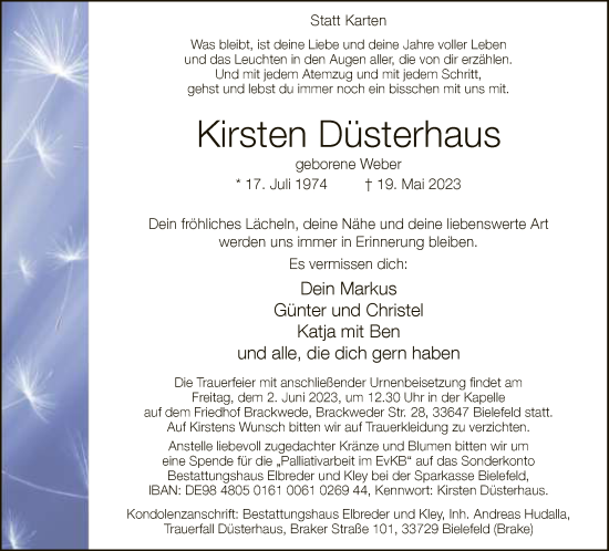 Traueranzeige von Kirsten Düsterhaus von Neue Westfälische