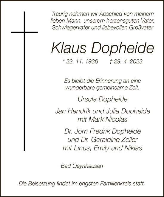 Traueranzeige von Klaus Dopheide von Neue Westfälische