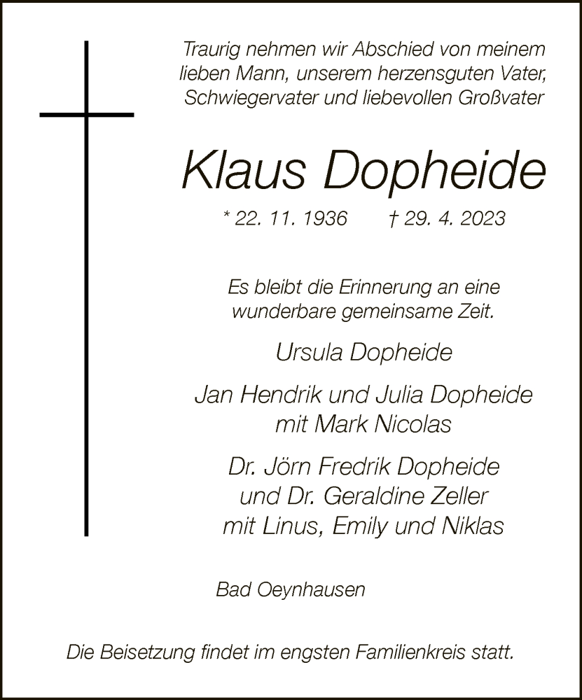  Traueranzeige für Klaus Dopheide vom 09.05.2023 aus Neue Westfälische