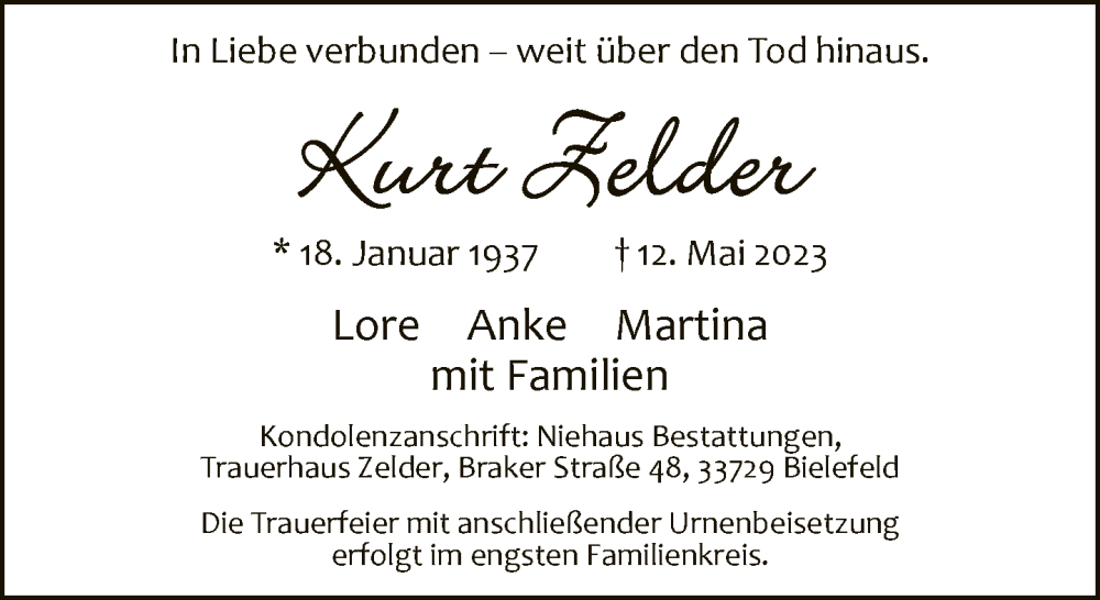  Traueranzeige für Kurt Zelder vom 20.05.2023 aus Neue Westfälische