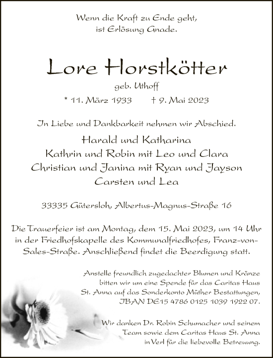 Traueranzeige von Lore Horstkötter von Neue Westfälische