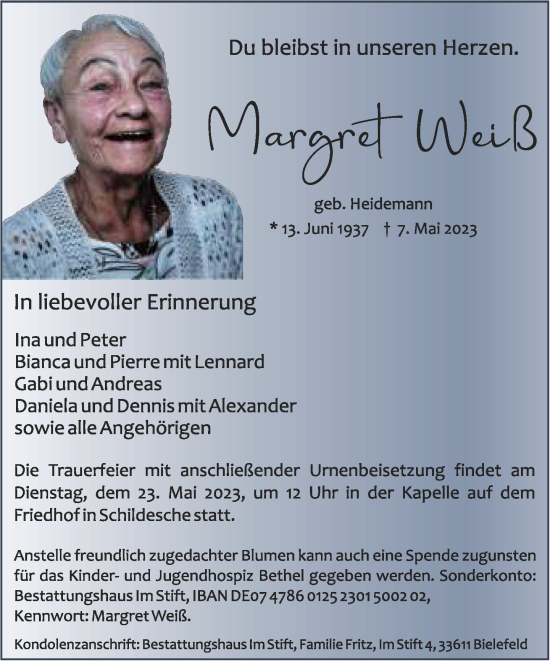 Traueranzeige von Margret Weiß von Neue Westfälische