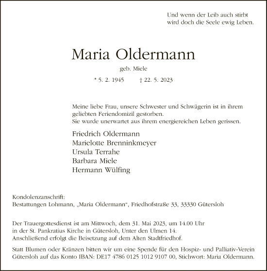 Traueranzeige von Maria Oldermann von Neue Westfälische
