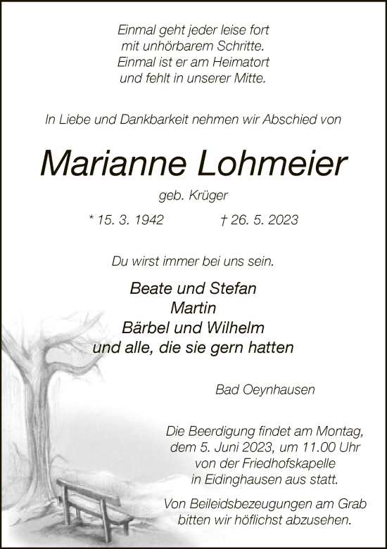 Traueranzeige von Marianne Lohmeier von Neue Westfälische