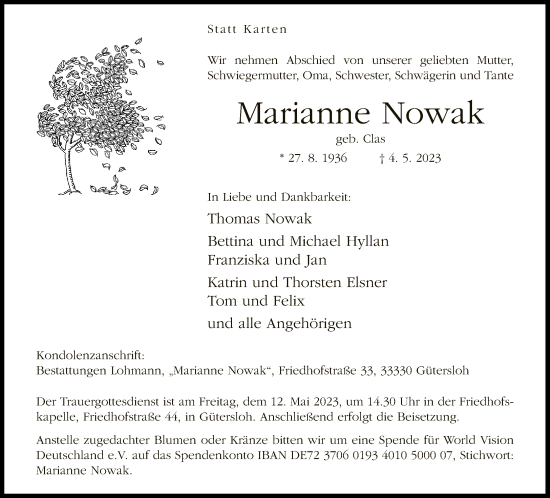 Traueranzeige von Marianne Nowak von Neue Westfälische