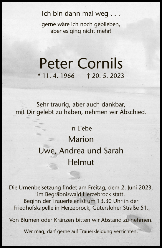 Traueranzeige von Peter Cornils von Neue Westfälische