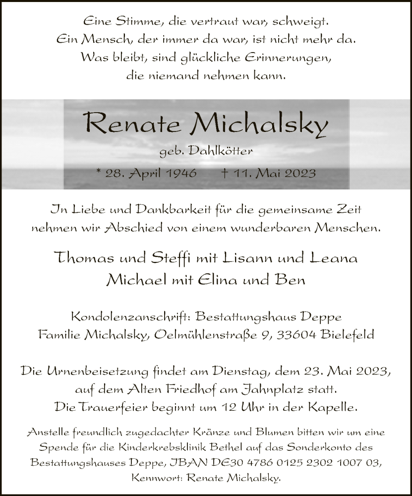  Traueranzeige für Renate Michalsky vom 20.05.2023 aus Neue Westfälische