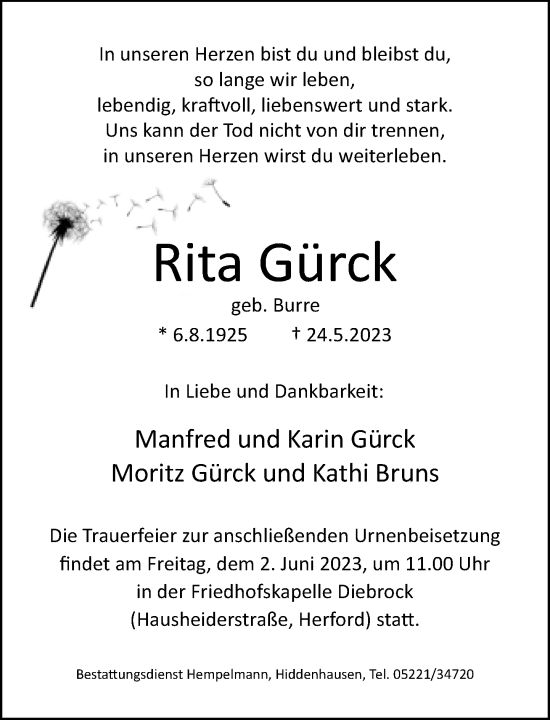 Traueranzeige von Rita Gürck von Neue Westfälische