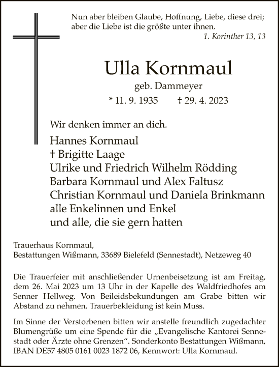 Traueranzeige von Ulla Kornmaul von Neue Westfälische