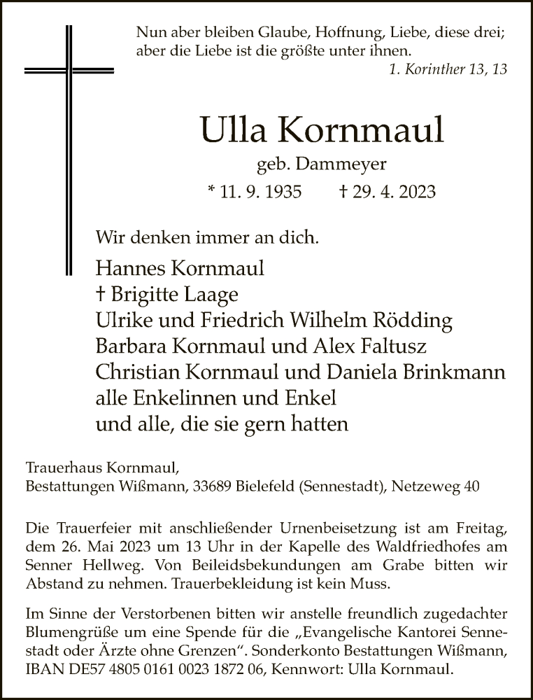  Traueranzeige für Ulla Kornmaul vom 10.05.2023 aus Neue Westfälische