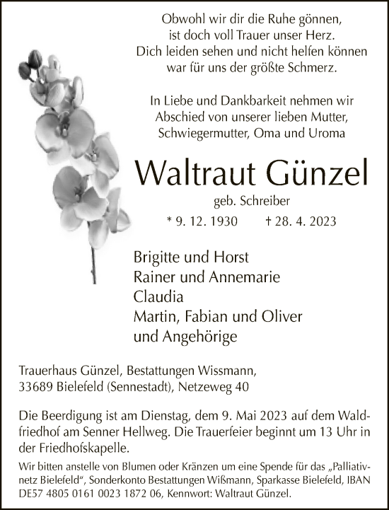 Traueranzeige von Waltraut Günzel von Neue Westfälische