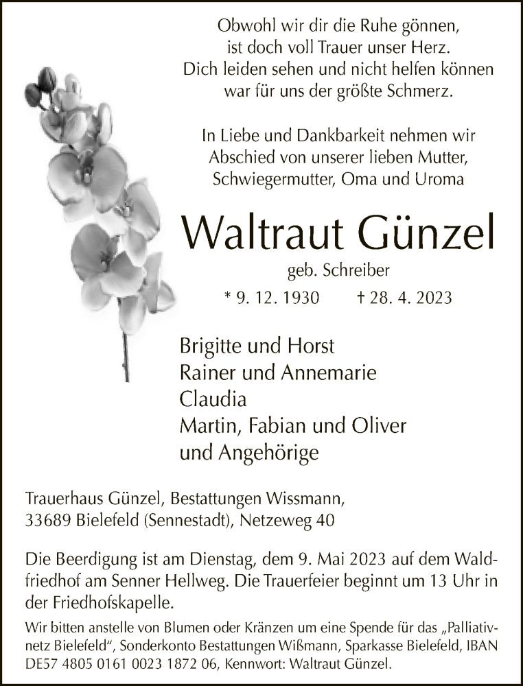  Traueranzeige für Waltraut Günzel vom 06.05.2023 aus Neue Westfälische