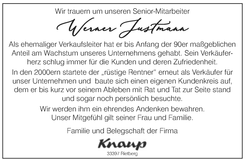 Traueranzeige für Werner Justmann vom 10.05.2023 aus Neue Westfälische