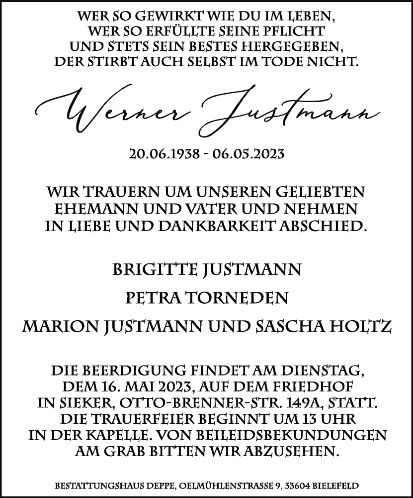  Traueranzeige für Werner Justmann vom 10.05.2023 aus Neue Westfälische