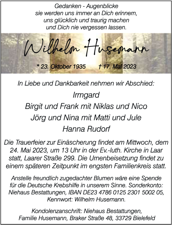 Traueranzeige von Wilhelm Husemann von Neue Westfälische