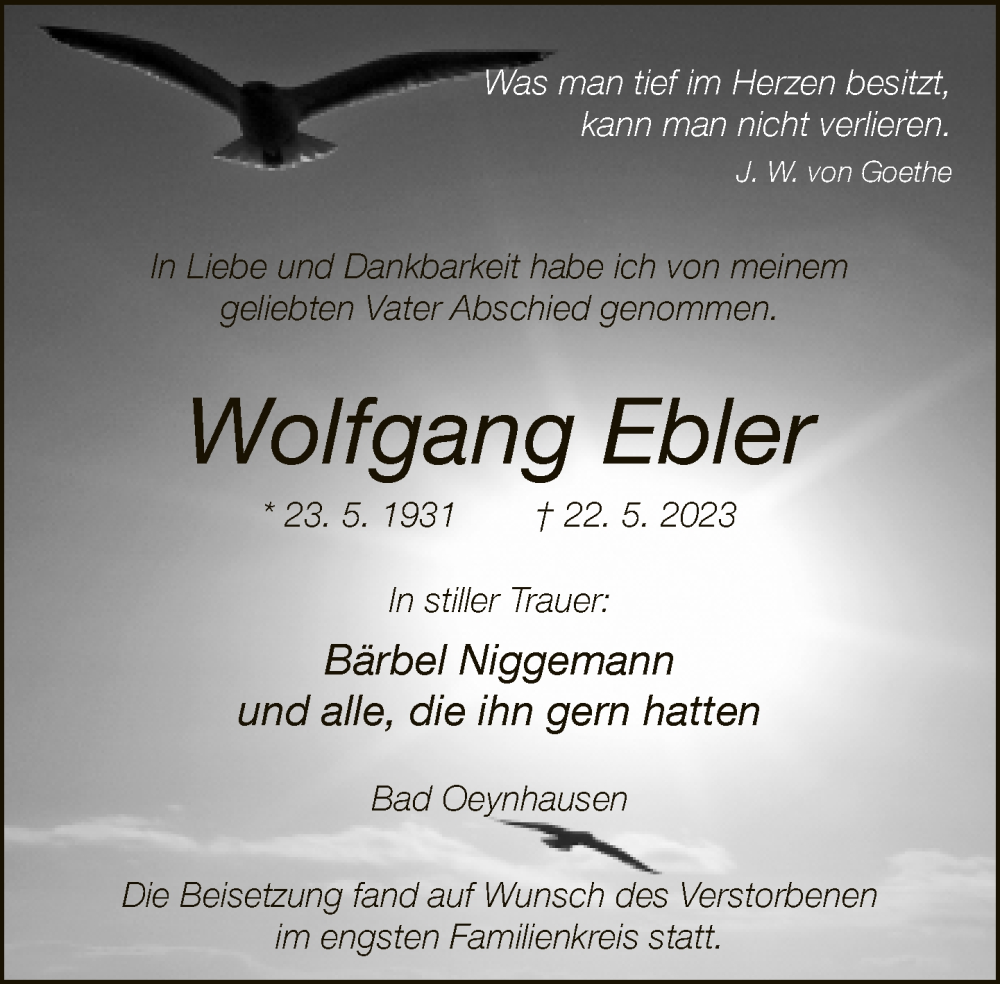  Traueranzeige für Wolfgang Ebler vom 27.05.2023 aus Neue Westfälische