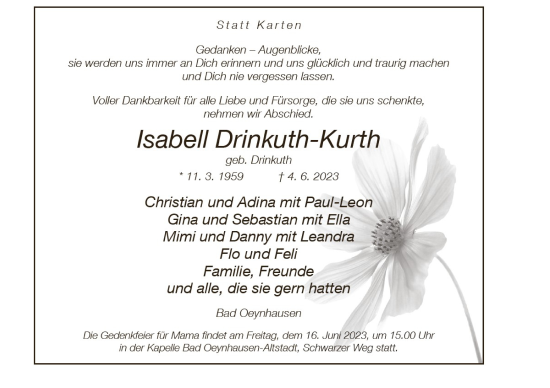 Traueranzeige von Isabell Drinkuth-Kurth von Neue Westfälische