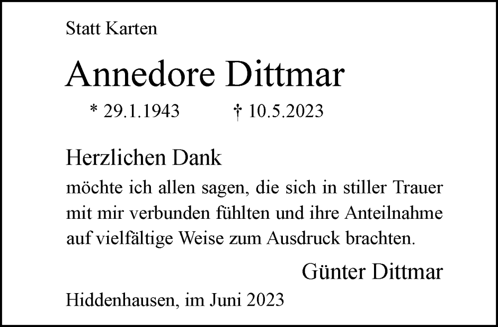  Traueranzeige für Annedore Dittmar vom 10.06.2023 aus Neue Westfälische