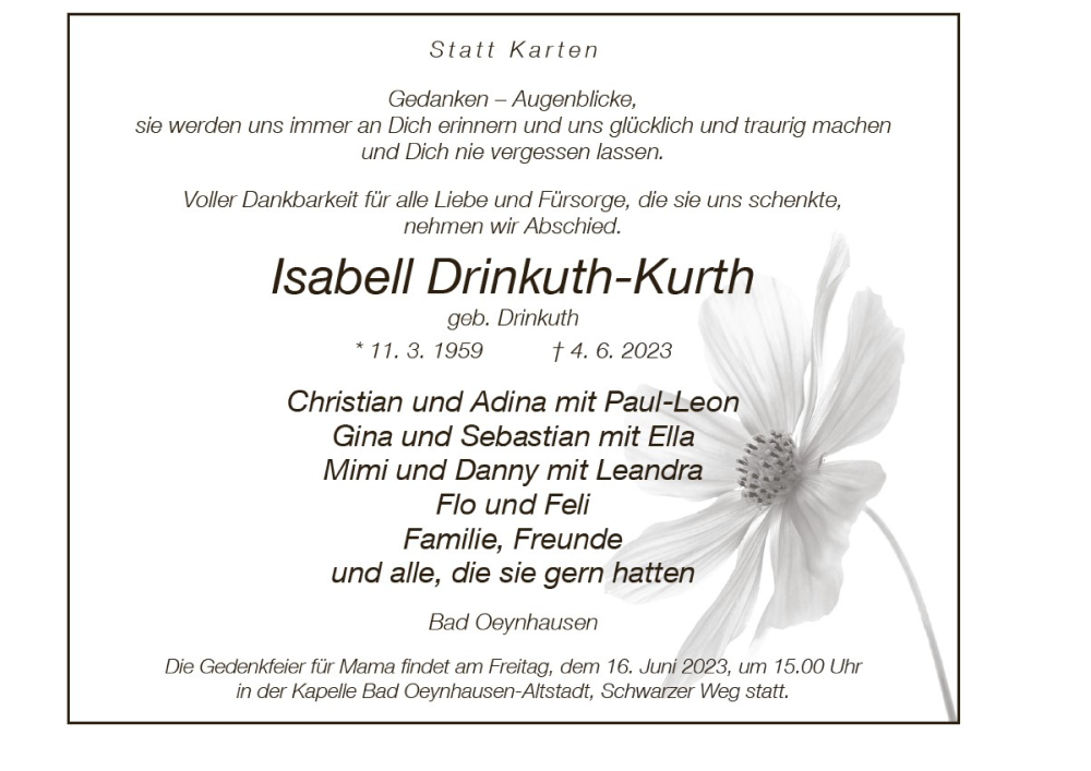  Traueranzeige für Isabell Drinkuth-Kurth vom 10.06.2023 aus Neue Westfälische