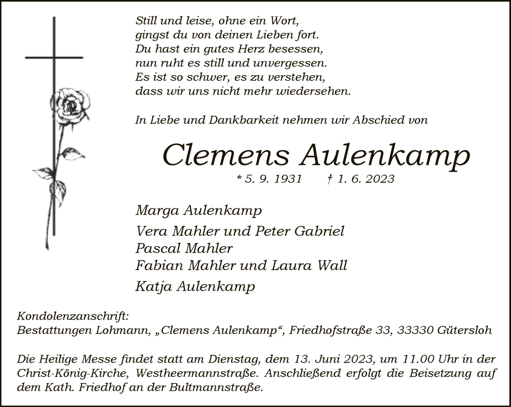  Traueranzeige für Clemens Aulenkamp vom 07.06.2023 aus Neue Westfälische