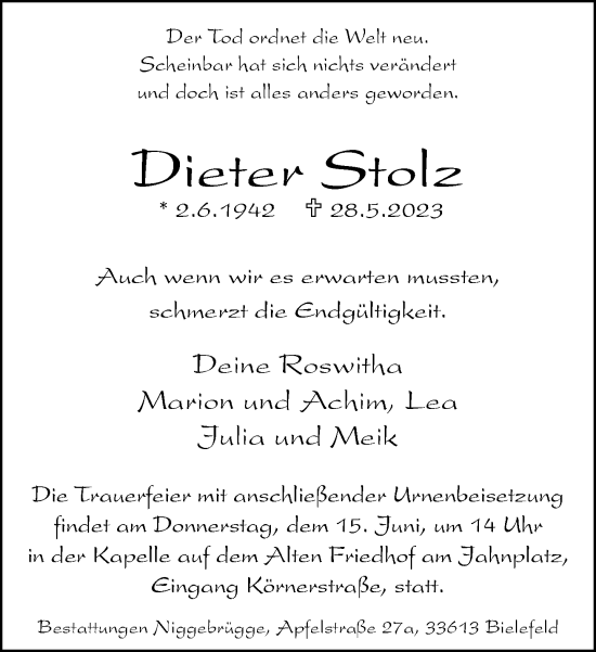 Traueranzeige von Dieter Stolz von Neue Westfälische