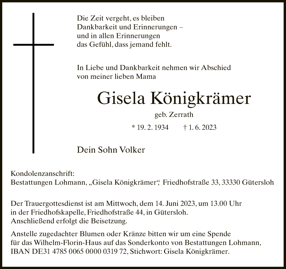  Traueranzeige für Gisela Königkrämer vom 10.06.2023 aus Neue Westfälische