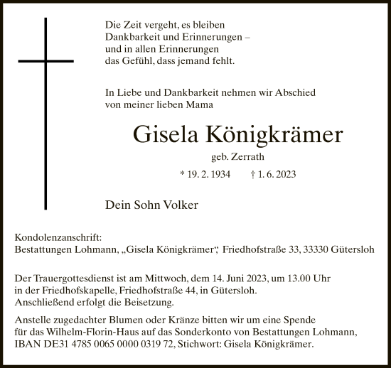 Traueranzeige von Gisela Königkrämer von Neue Westfälische