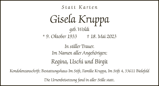 Traueranzeige von Gisela Kruppa von Neue Westfälische