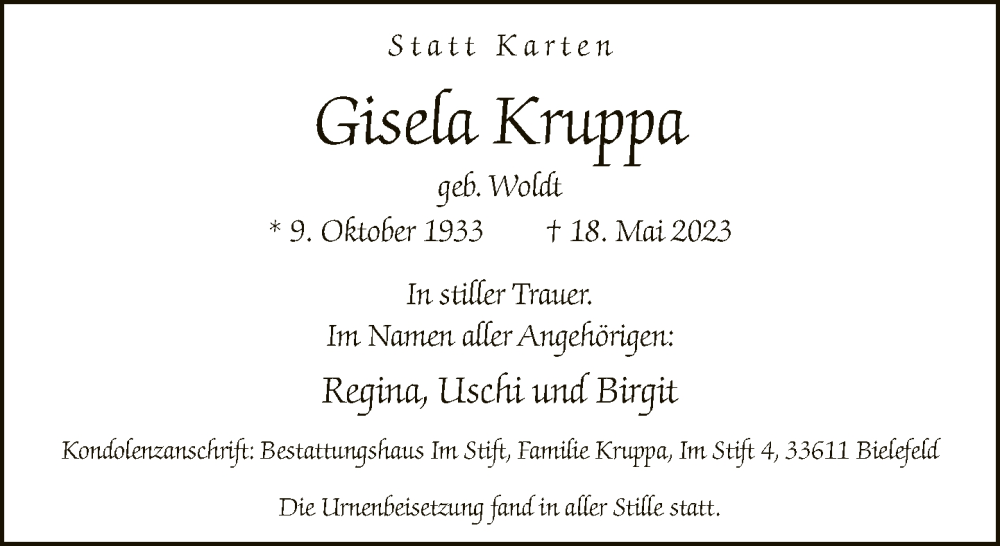  Traueranzeige für Gisela Kruppa vom 03.06.2023 aus Neue Westfälische