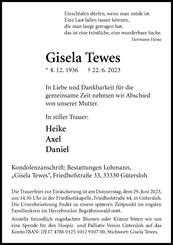 Traueranzeige von Gisela Tewes von Neue Westfälische