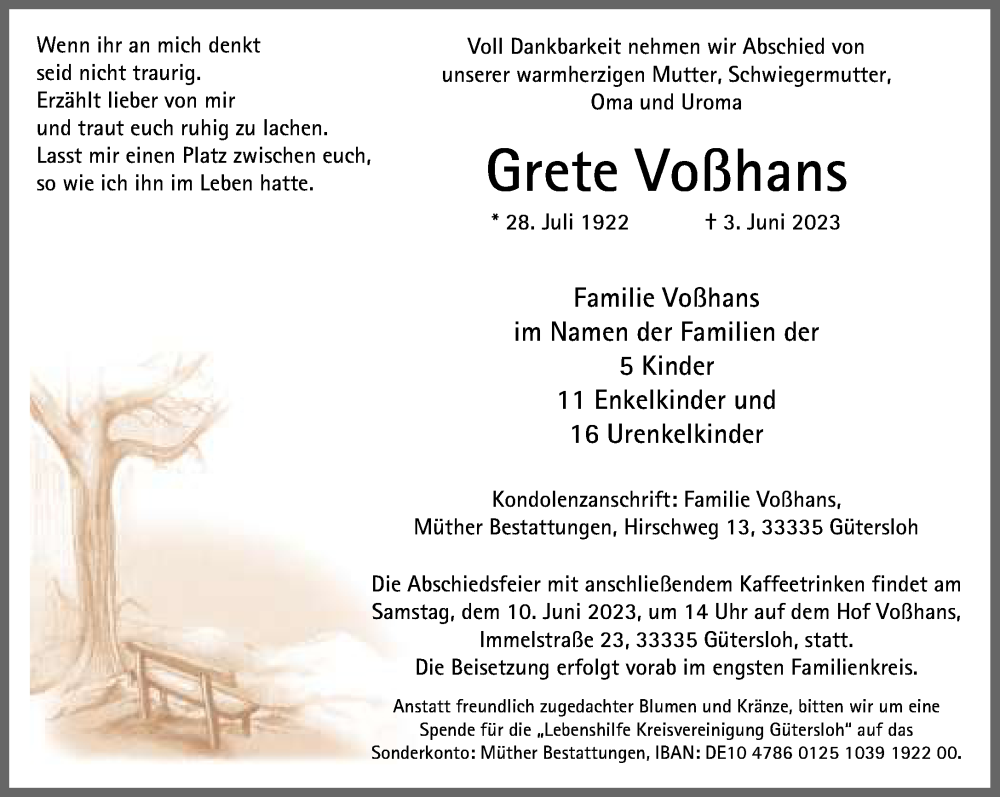  Traueranzeige für Grete Voßhans vom 07.06.2023 aus Neue Westfälische
