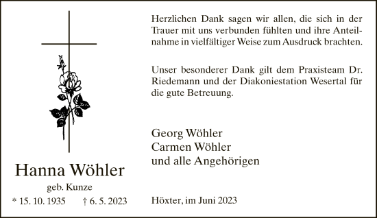 Traueranzeige von Hanna Wöhler von Neue Westfälische